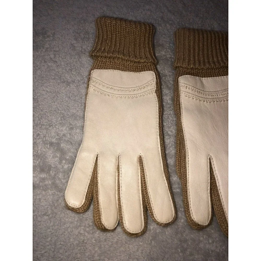 Vintage Ivory Leather Medium Brown Knit Ribbed Cuff Winter Gloves